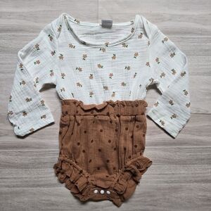 Baby Girl Floral Long Sleeve Ruffle Polka Dot Romper Cotten Linen Jumper 9-12M